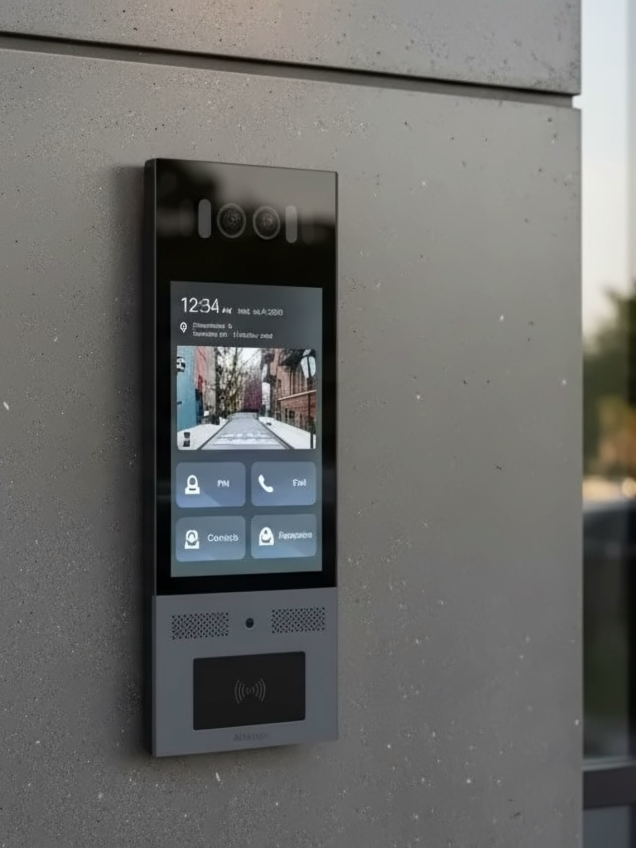 Video intercom with a touch screen, camera and card reader on a concrete wall beside glass entrance doors