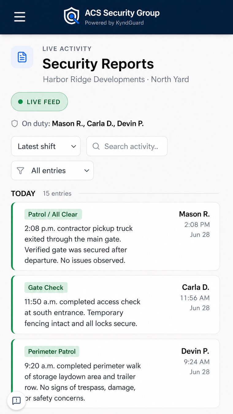ACS Client Portal App live activity and security reports