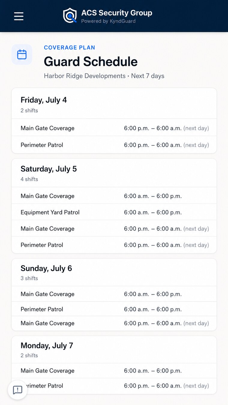 ACS Client Portal App coverage plan and guard schedule