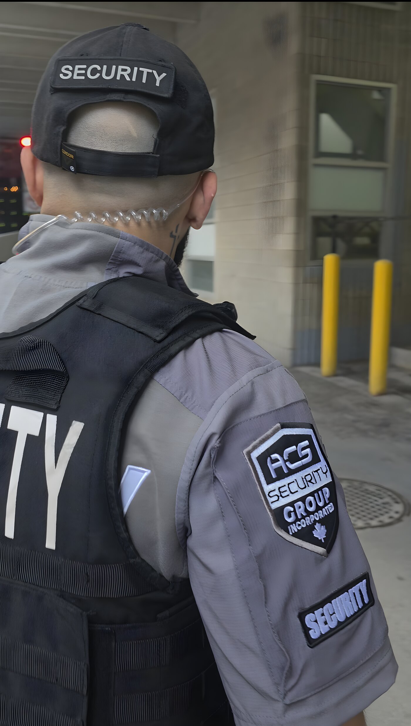ACS security guard on post at a commercial entrance