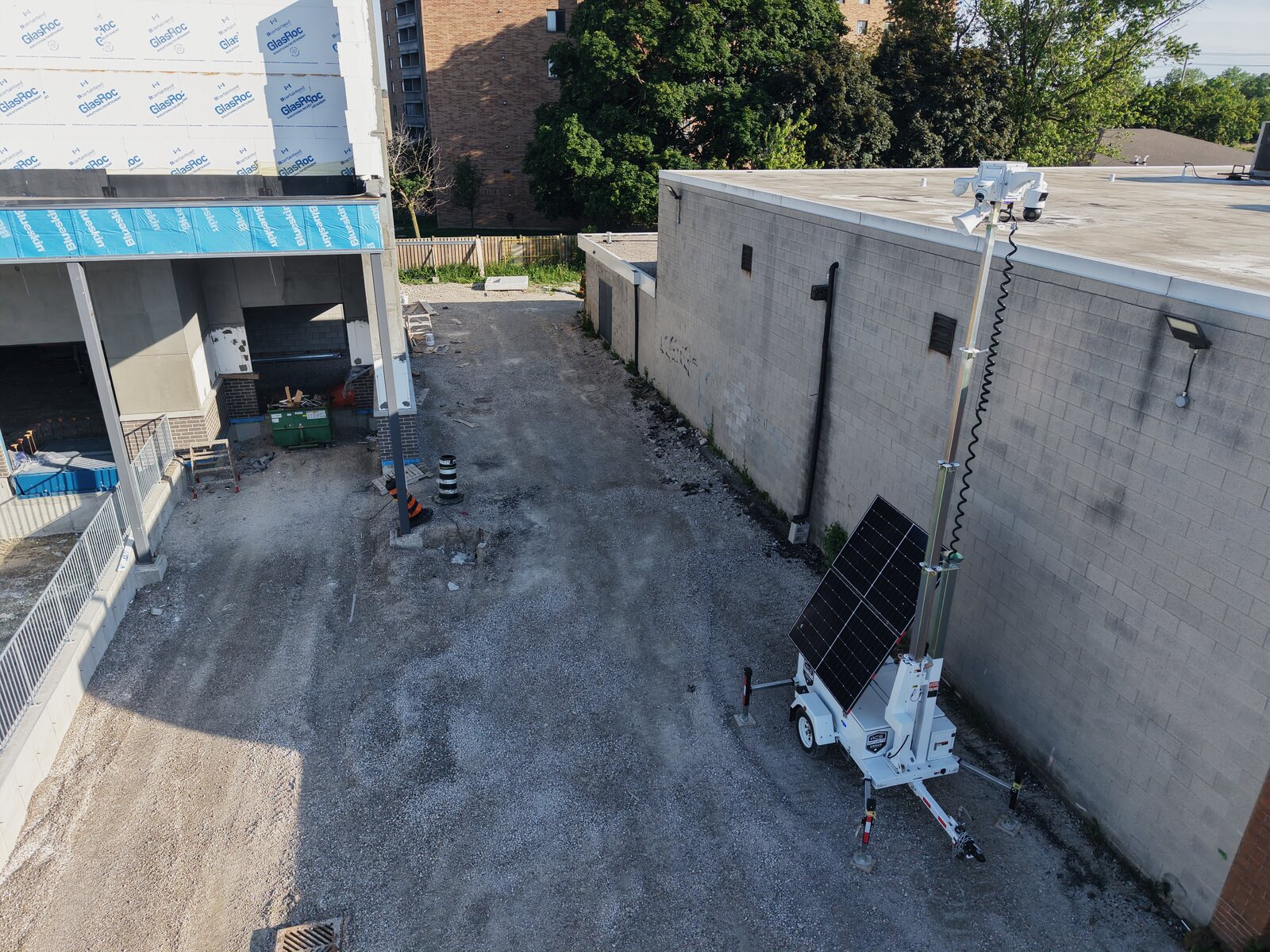 Aerial view of an ACS mobile defense tower watching over a wide open site