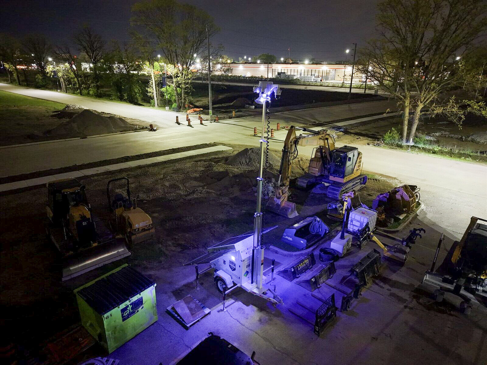 ACS mobile defense tower lit at night