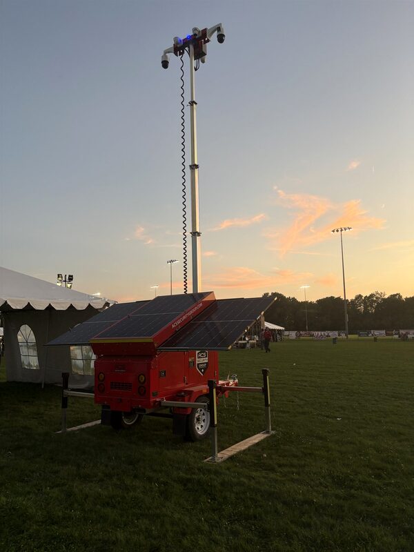 ACS red mobile defense tower deployed at an event