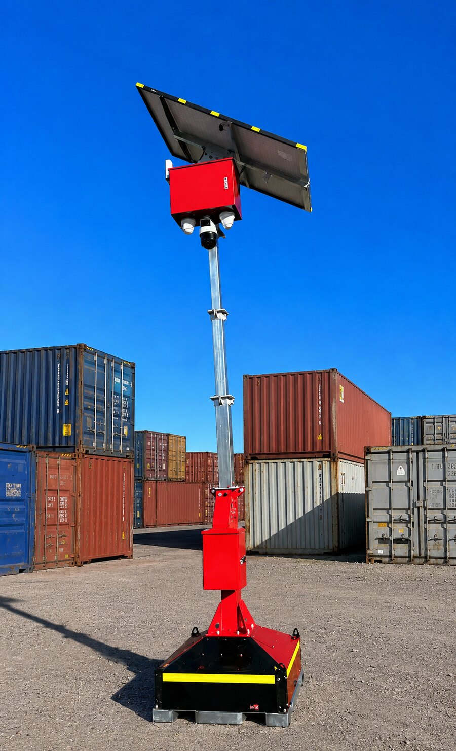 ACS MDT-V300 red modular forkliftable mobile defense tower among shipping containers