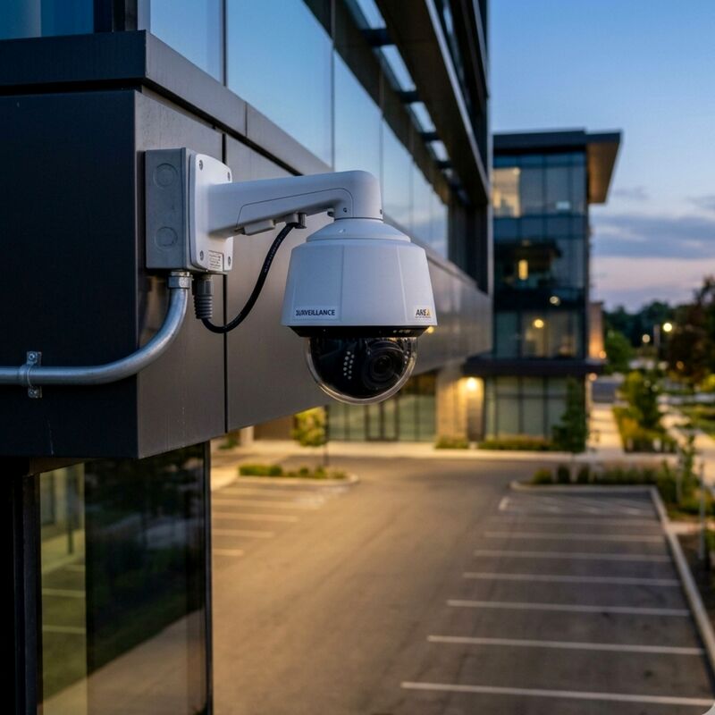 ACS PTZ camera mounted on a commercial building at dusk