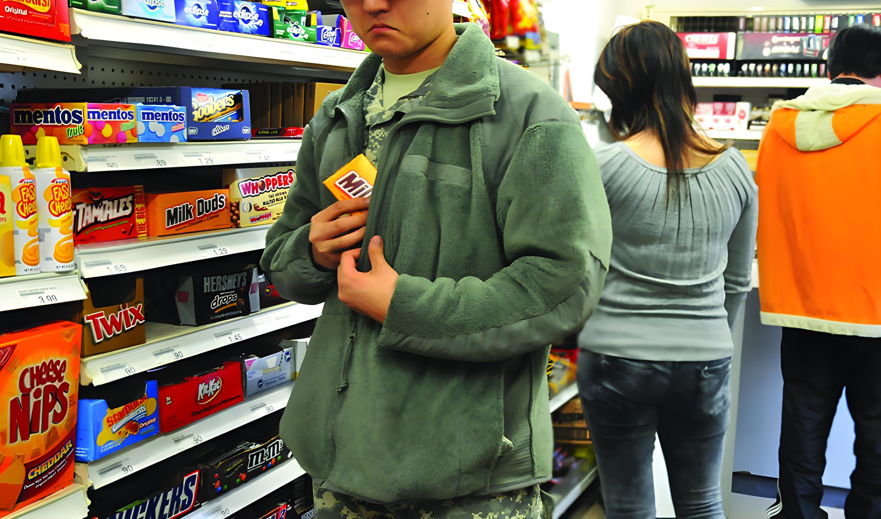 A shoplifter concealing merchandise inside a retail store